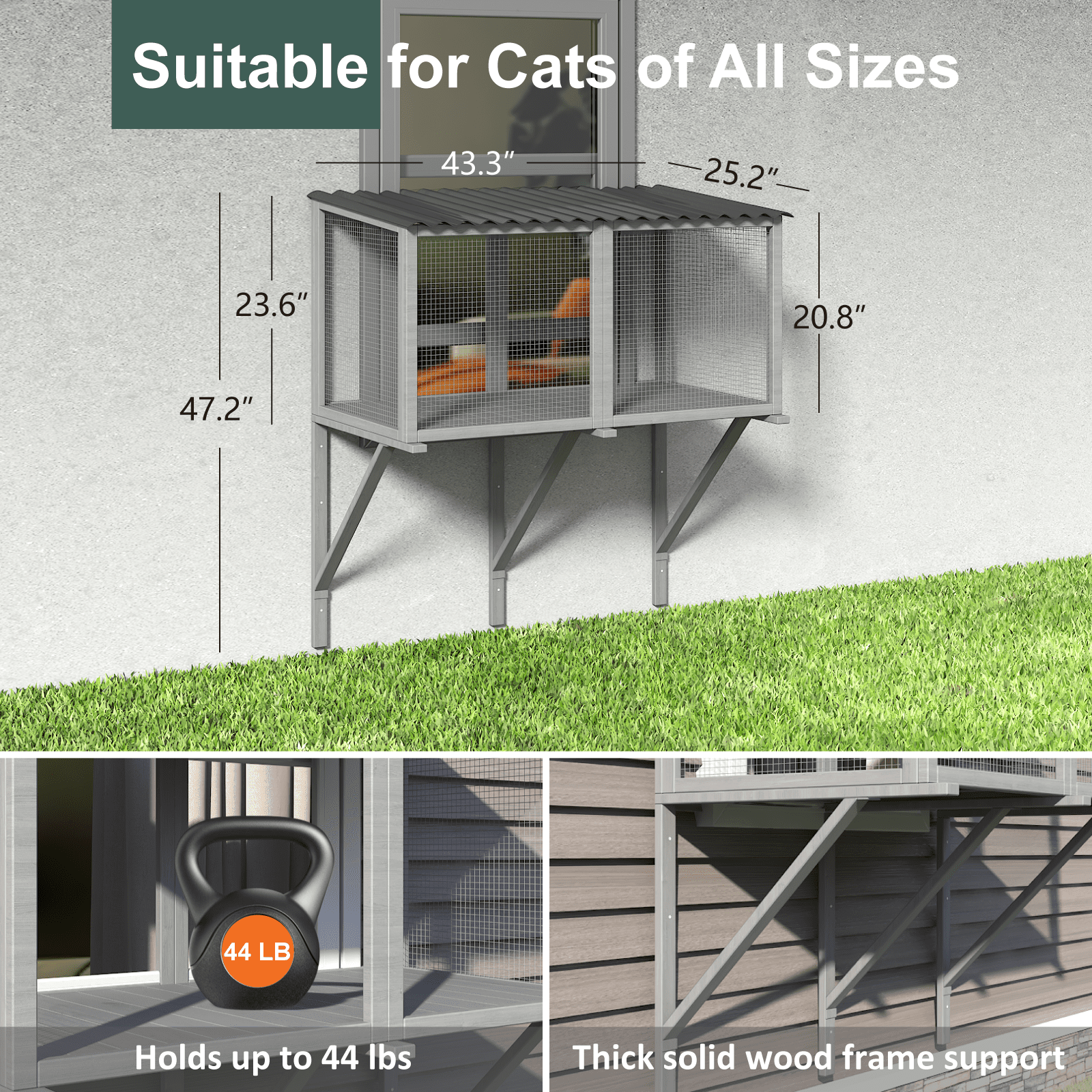 TIMHAKA Cat Catio Wall Mounted Wooden Window Perch for Large Indoor Pets, Grey
