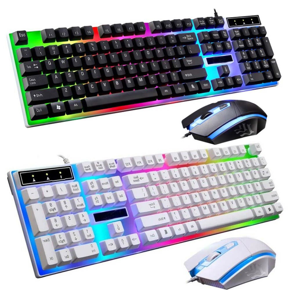 Wired Ergonomic Gaming LED Keyboard and Mouse, Multiple Color Rainbow LED Backlit Mechanical
