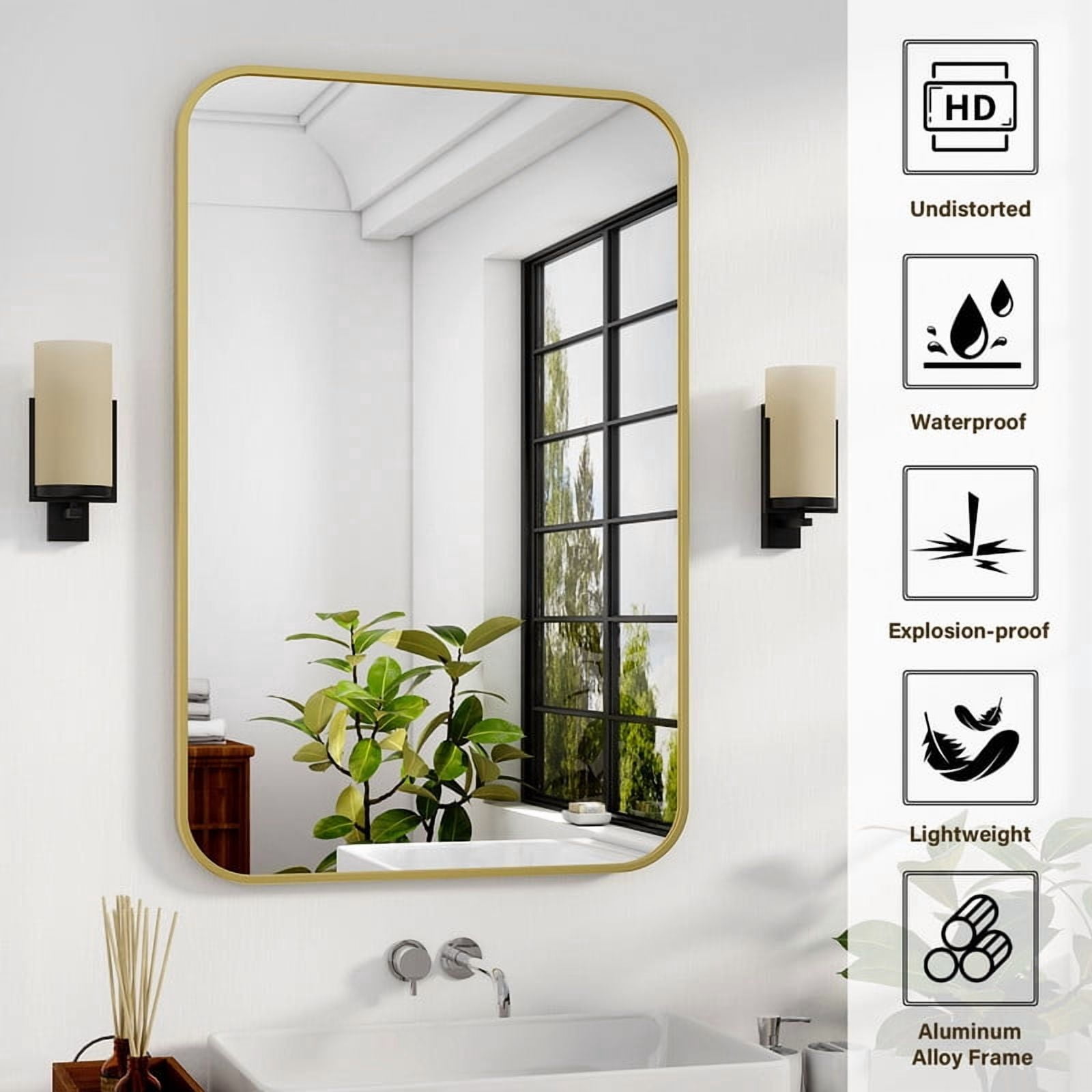 Easy4Home 36"x24" Rectangular Bathroom Mirror Hanging Rounded Corners Vanity Mirror Wall Mounted, Gold