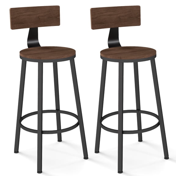 Melocadol 30" Tall Wooden Bar Stools Set of 2, Walnut Counter Height Bar Stools with Adjustable Feet, Comfortable Back Support & 360° Footrest for Kitchen Island, Living Room, Pub