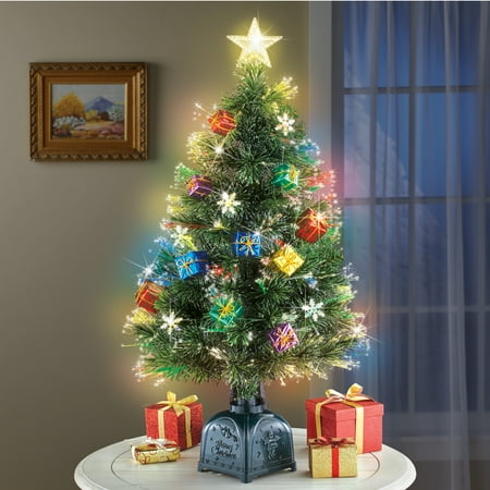 Rotating Tabletop Christmas Tree with Fiber Optic Lights, Presents Ornamentation, 36