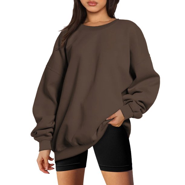Gibobby Sudadera Mujer Moda Suéter holgado de otoño e invierno para mujer, sin capucha con manga de hombro de Color sólido (Café, XXL)