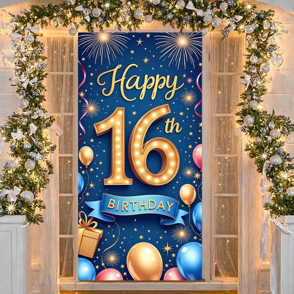 Gold Glitter Happy 16th Banner Blue Theme Sweet 16 Display Sparkling Fireworks Colorful Balloons Birthday Backdrop for Sweet 16 Party Teenage Birthday Indoor Celebration