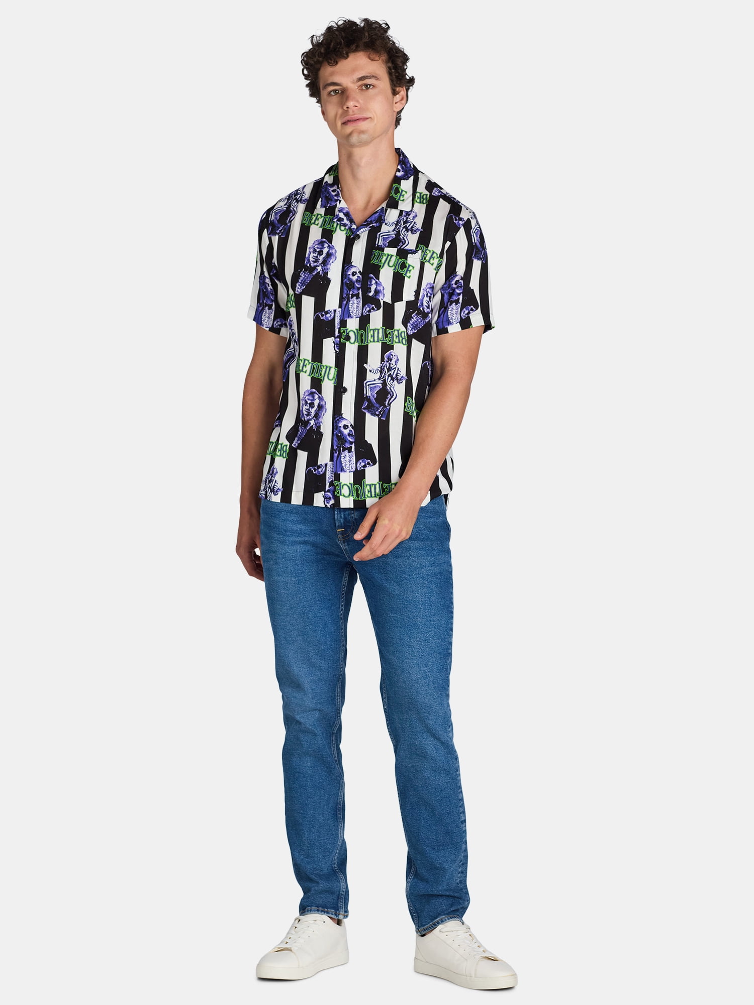 Beetlejuice, Mens Graphic Print Rayon Shirt, Stripe Pattern, Sizes XS-3XL