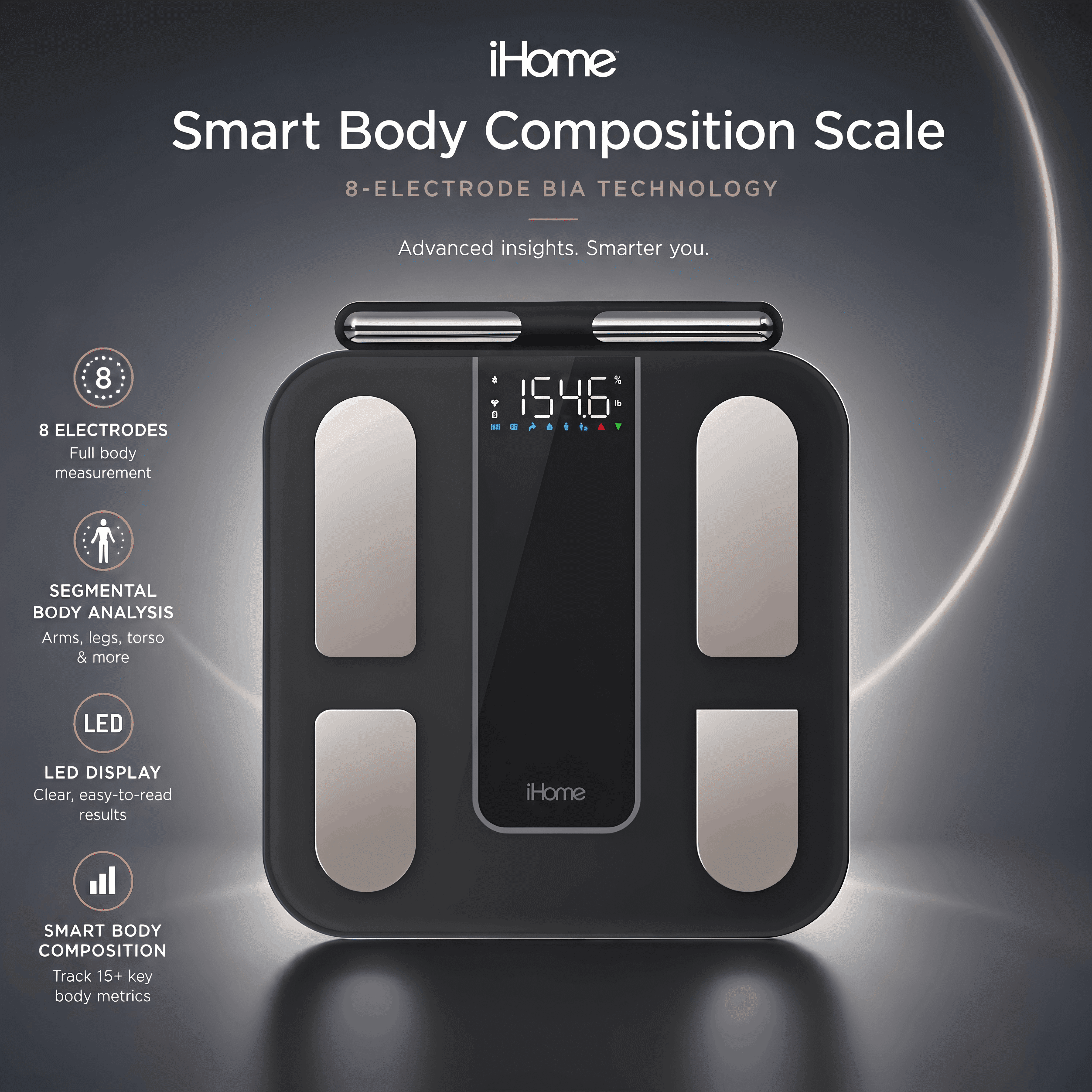 iHome 8-Electrode Smart Body Composition Health Scale & 56 Metrics, Glass, Black