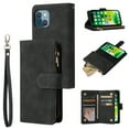 thumbnail image 1 of iPhone 13 Mini Wallet Case, Soft Leather Zipper Magnetic Buckle Horizontal Flip Cover with 5 Card Slots, Black, 1 of 8