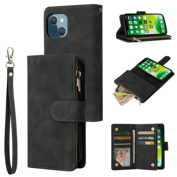 iPhone 13 Wallet Case, Soft Leather Zipper Magnetic Buckle Horizontal Flip Cover with 5 Card Slots, Black
