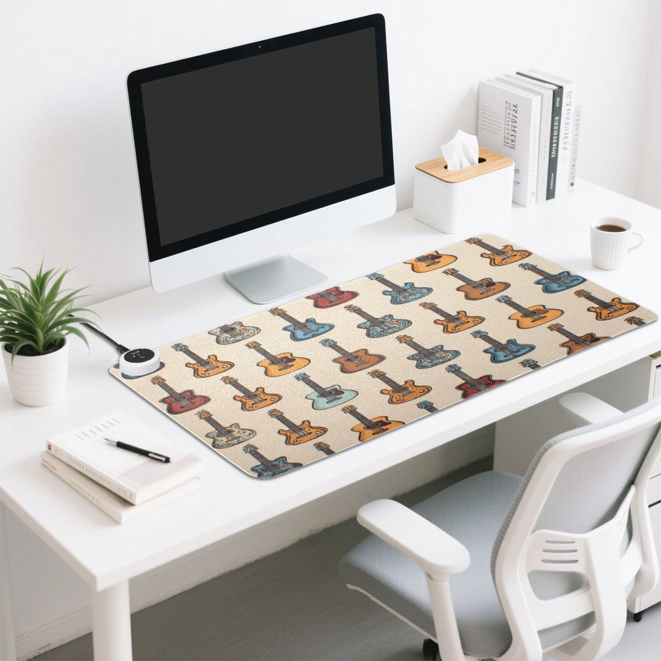 Large Heated Desk Mat Mouse Pad 31.5"x13"PU Leather Graphene Heating Desk Warmer with 3 Temperature Settings 110V US Plug Non-Slip Warm Pad for Home, Office, and Gaming Classic Guitar Music Art