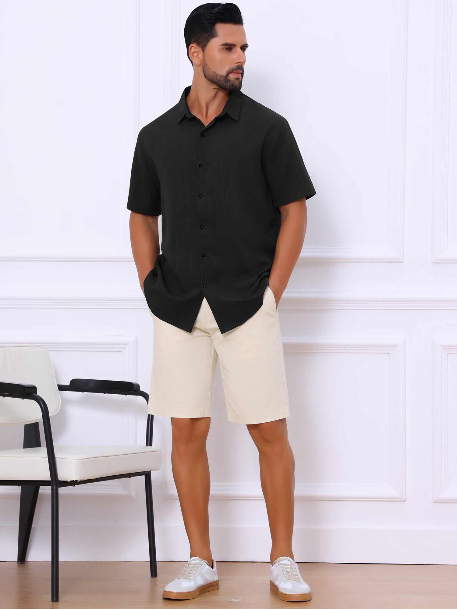 DARING DIVA Men's Short Sleeve Button Down Beach Summer Casual Shirt for Men L Black