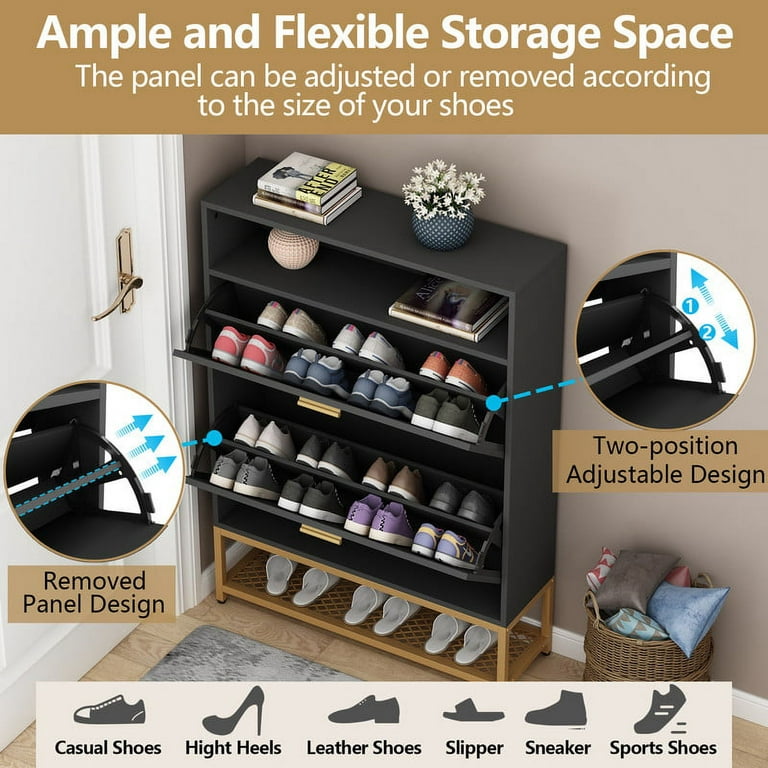 Loomie Shoe Cabinet, Free Standing Tipping Bucket Shoe Rack Organizer with 2 Flip Drawers, Entryway Narrow Shoe Storage with Storage Shelf & Top Cubby