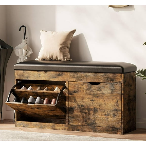 Favory 40" Shoe Storage Bench with 2 Flip Drawers & Padded Seat Cushion, Shoe Cabinet with Lift Top Storage Box, Shoe Bench Shoe Organizer for Entryway, Hallway, Living Room, Vintage Brown