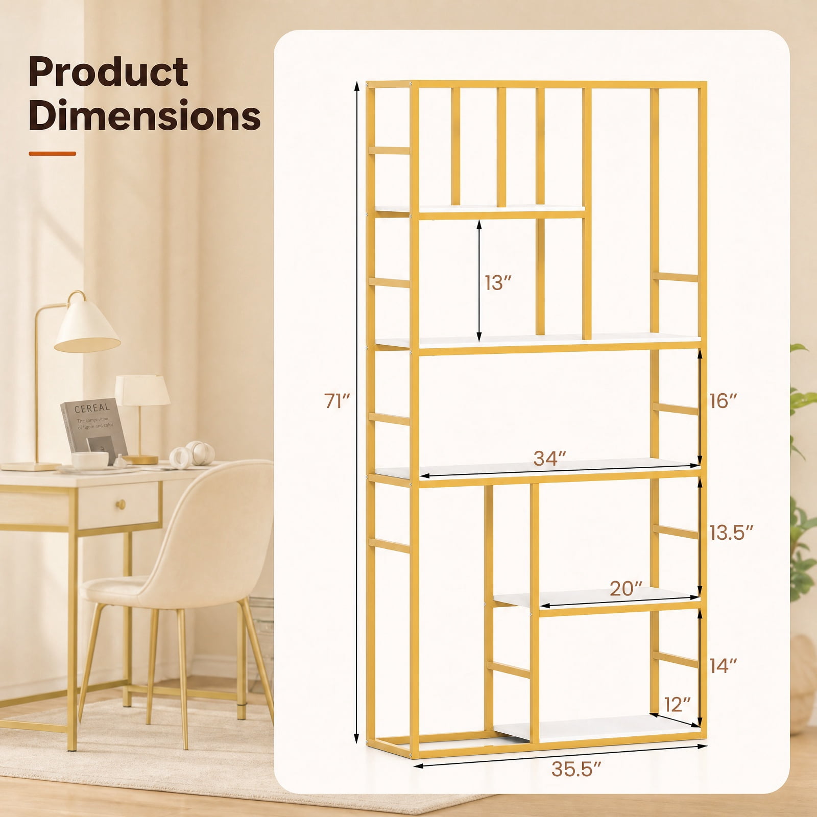 Furnibear 71 Inch Tall Bookshelf Metal Frame 5-Tier Geometric Bookcase-White & Golden for Living Room Home Office Bedroom Display Storage Shelf, White