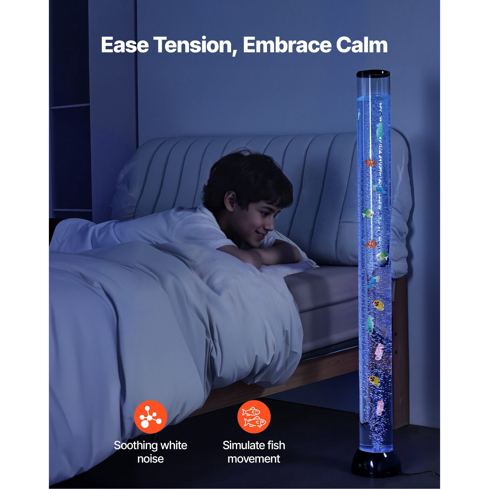 48 Inch Floor Standing Sensory Bubble Lamp, 16 Color LED Bubble Fish Jellyfish Water Tube Light with Remote, 40-45dB Quiet 8H Auto Off Anti-Tip Base for Autism ADHD Anxiety Home Therapy Decor