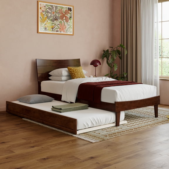 Phoenix Twin XL Wood Platform Bed with Twin XL Trundle in Walnut