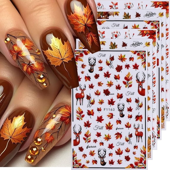 BPPEG Fall Nail Stickers Maple Leaf Nail Decals 6Pcs 3D Self-Adhesive Leaves Deer Nail Designs Stickers Autumn Nail Art Supplies Slider Fall Decorations for Nail Art Diy Manicure Accessories