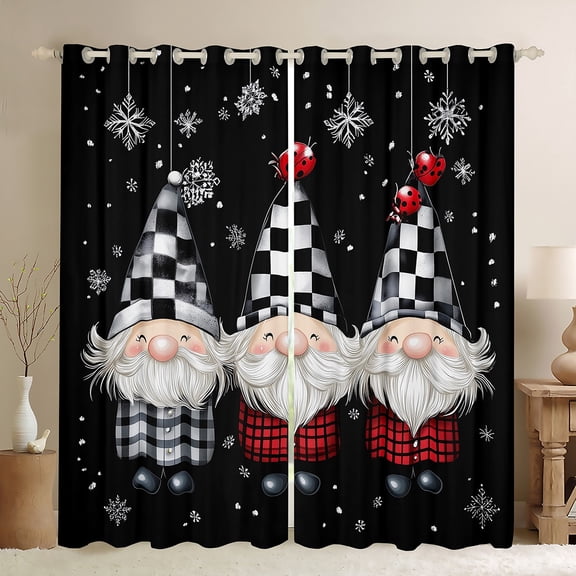Feelyou Funny Gnome Black Out Curtains, Checkered Geometry Curtains Pack of 2 (42x63 Each), Christmas Snowflake Bedroom Curtains, Curtains and Drapes Home Decor