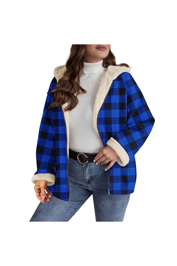 No Boundaries Women's Plaid Sherpa Lined Hooded Cardigans,Ladies Thick Zipper Up Jacket Shackets,Warm Flannel Plaid Sweatshirt Coats For Women,Blue,Size L