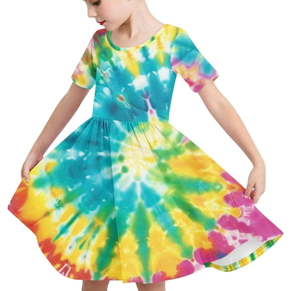 Odeerbi Niñas Gradiente Tie-Dye Skater Vestido Verano Flamed Swing Vestido Niños Manga Corta Elástico Vestido de Una Línea