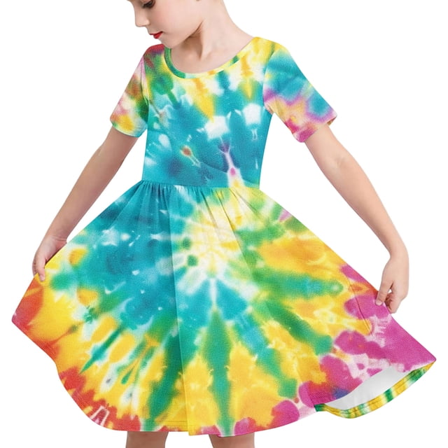 Odeerbi Niñas Gradiente Tie-Dye Skater Vestido Verano Flamed Swing Vestido Niños Manga Corta Elástico Vestido de Una Línea