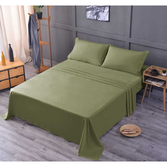 the Season Essentials Kits de Draps Sans Rides avec Poches Profondes & 038; Résistant aux Taches, 4 pc, 1800 Fils à Base de Bambou, Sauge / Vert, Plein