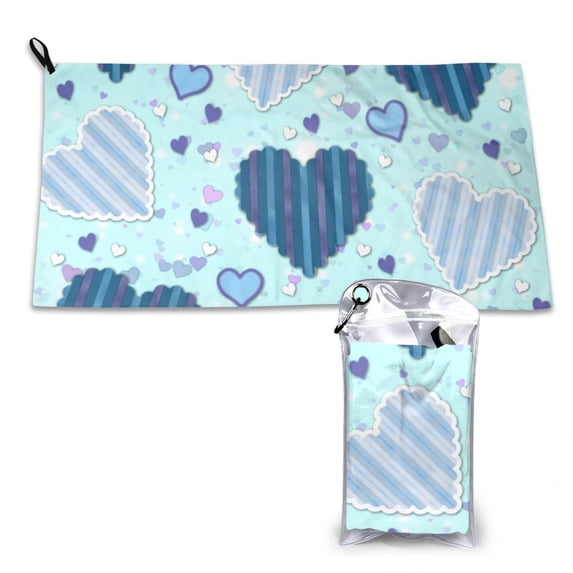 YFYANG Adult Microfiber Portable Travel Towel, Hearts Pattern Line Texture Quick Dry Towel with Hiking Buckle PVC Pouch, 16" x 31.5"