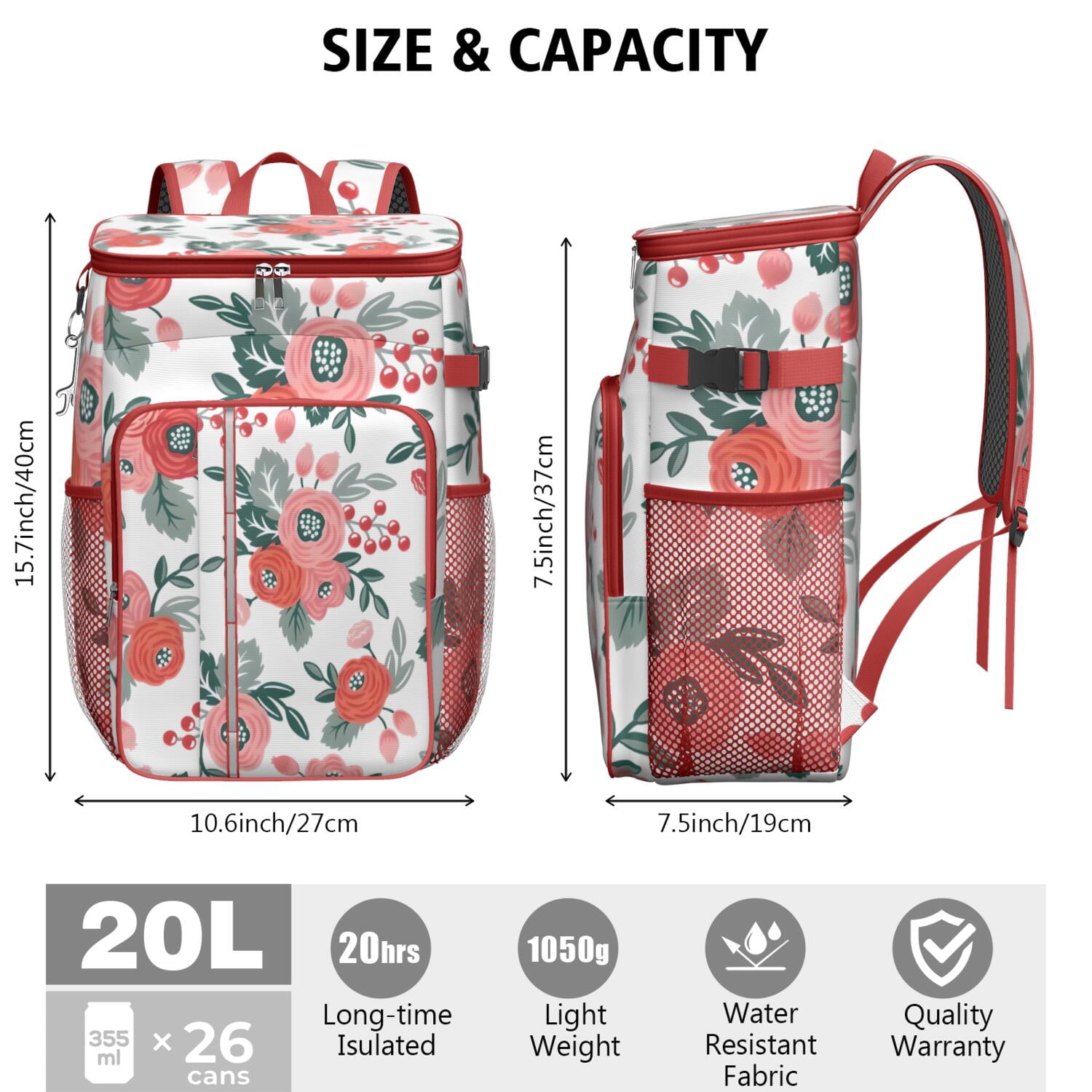 Travel Cooler Bag - Pioneer Flower Floral Print Pattern Camping Beer Cooler Backpack with Bottle Opener- Waterproof Insulated Picnic Backpacks - Cooler Bag for Beach