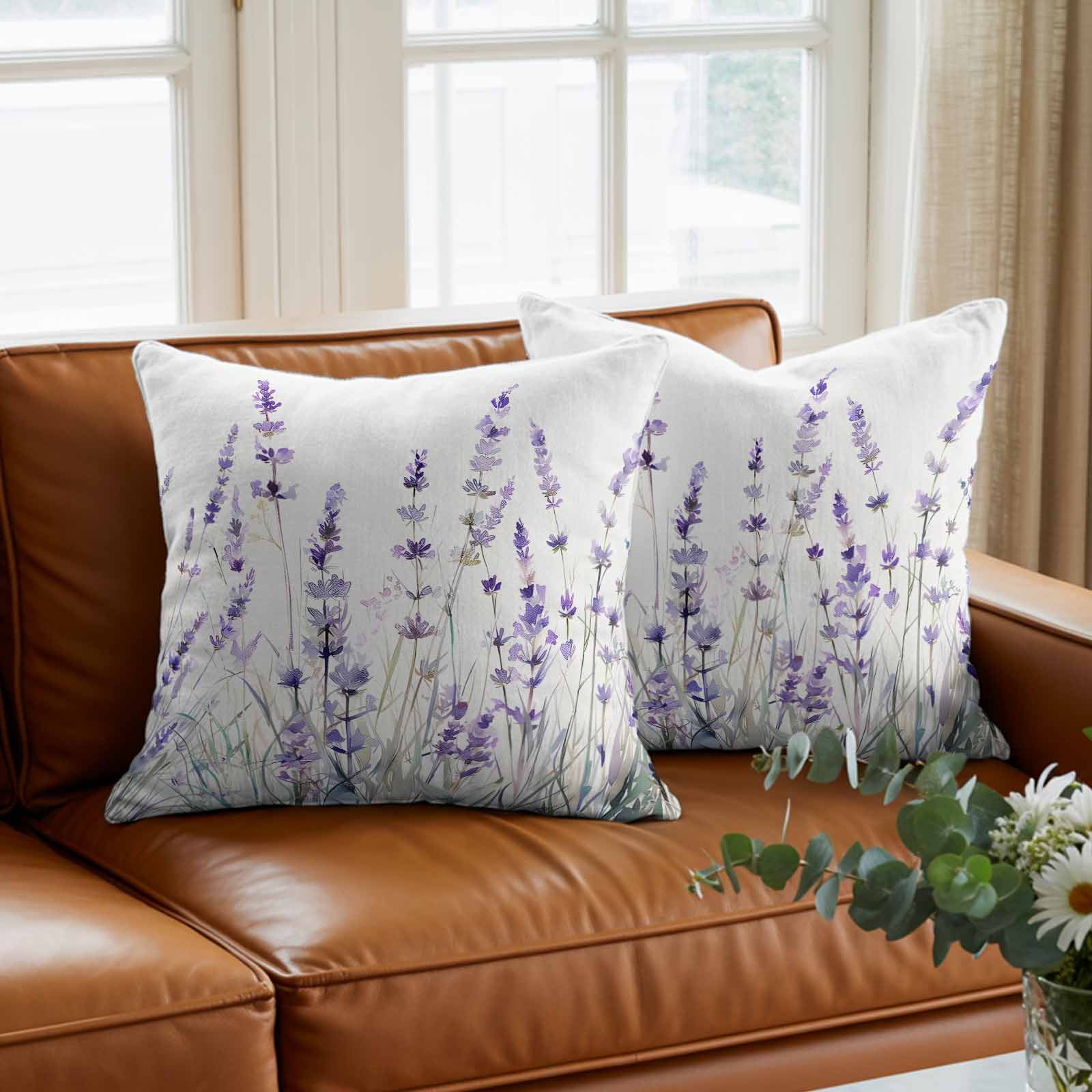 Pillow Covers 26x26 Inch, Lavender Floral Linen Pillowcase with Invisible Zipper, Spring Flowers Botanical Plants Decorative Throw Pillow Covers Cushion Case for Couch Sofa Bed Living Room