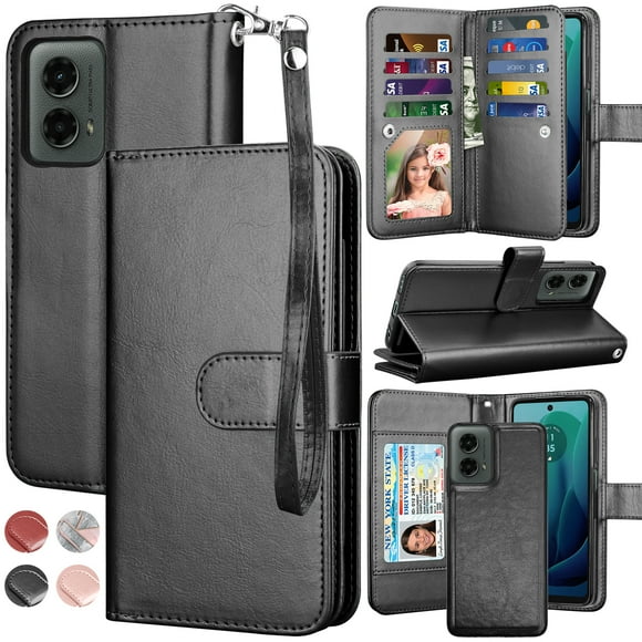 eBizWare Leather Card Holder Kickstand Cell Phone Case for Motorola Moto G 5G, Black