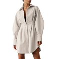 thumbnail image 2 of Robe T-Shirt Mini à Manches Longues Boutonnée pour Femme, Col à Revers, Plissée Évasée, Courte, Kaki, P, 2 of 10