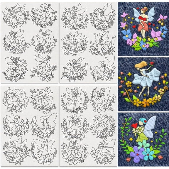 24Pcs Dancing Fairy with Flowers Embroidery Pattern Stabilizer 8.3"x11.7" Floral Fairy Soluble Stick and Stitch Embroidery Sticker 4 Sheets Water Hand Sewing DIY Embroidery Paper