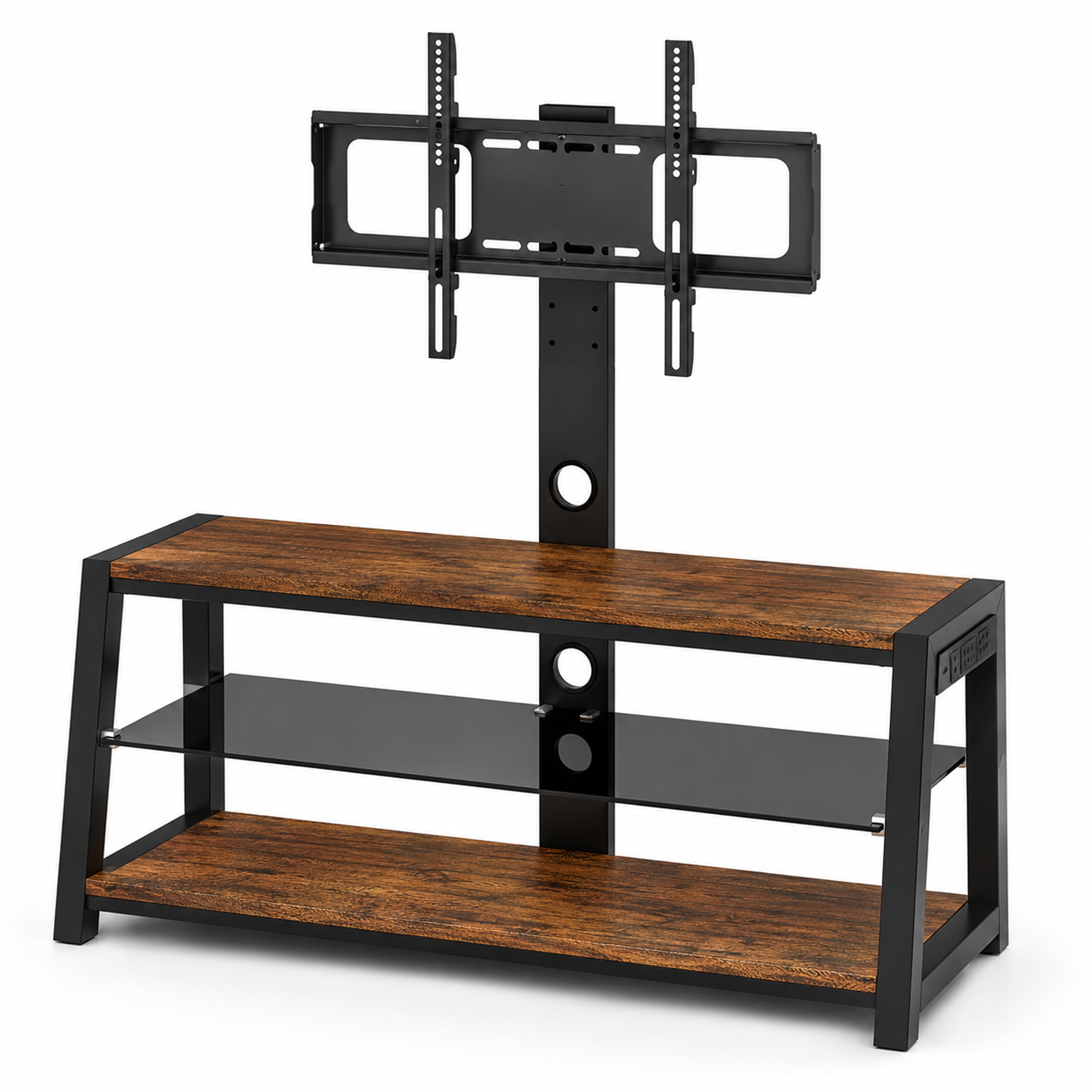 Wooden TV Stand with Swivel Mount, Height Adjustable Universal TV Floor Stand for 32-65 Inch TVs, 3-Tier Tempered Glass Entertainment Center with Power Outlet, Wire Management