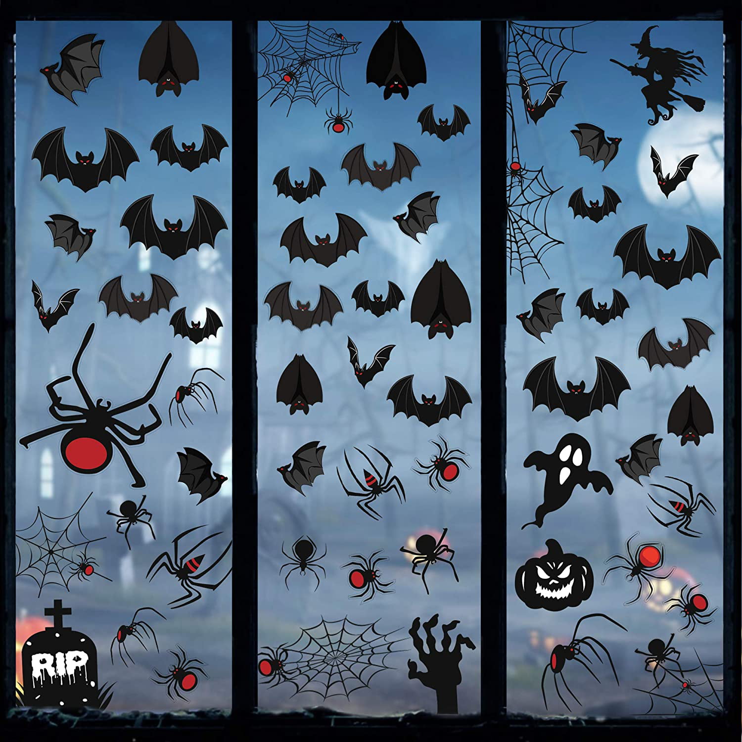 4 Sheets Halloween Window Stickers Halloween Scary Large Bats Spider Window Decor Electrostatic Sticker Bat Sticker Spider Sticker Halloween Window Clings for Halloween Party Home Kids Shop School