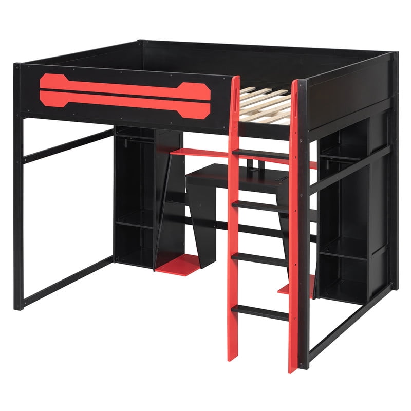 Full Size Wooden Gaming Loft Bed with Desk, RGB LED Lights, USB Charging Station, Wardrobe and Storage Cabinets, Space-Saving Loft Bed Frame with Workstation for Bedroom