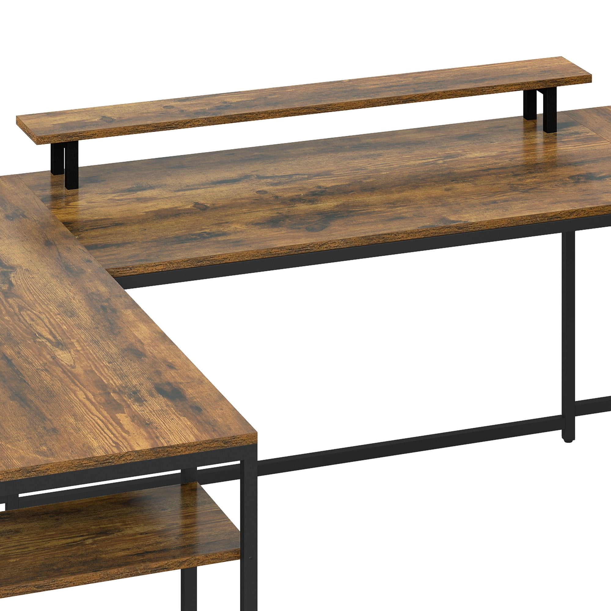 Uforic U Shaped Computer Desk with Power Outlets and LED Lights, Reversible L Shape Desk for Home Office, Brown