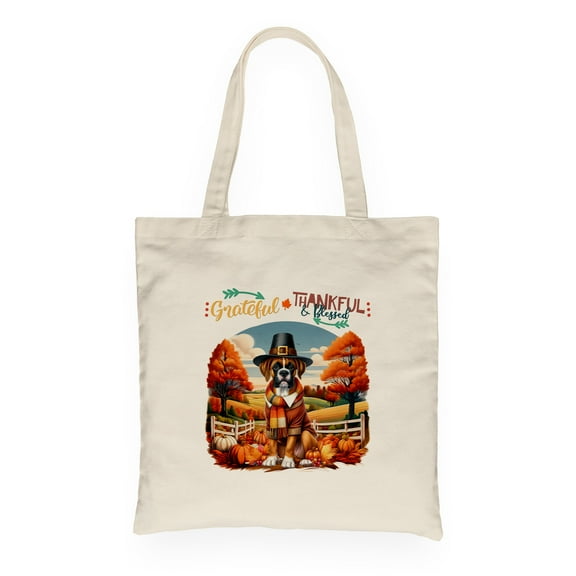 Thanksgiving Boxer Pilgrim Grateful, Thankful, Blessed Fall Welcome Canvas Tote Bag Boxers Dog Lover Gifts Idea Reusable Shopping Grocery Bag - 00021