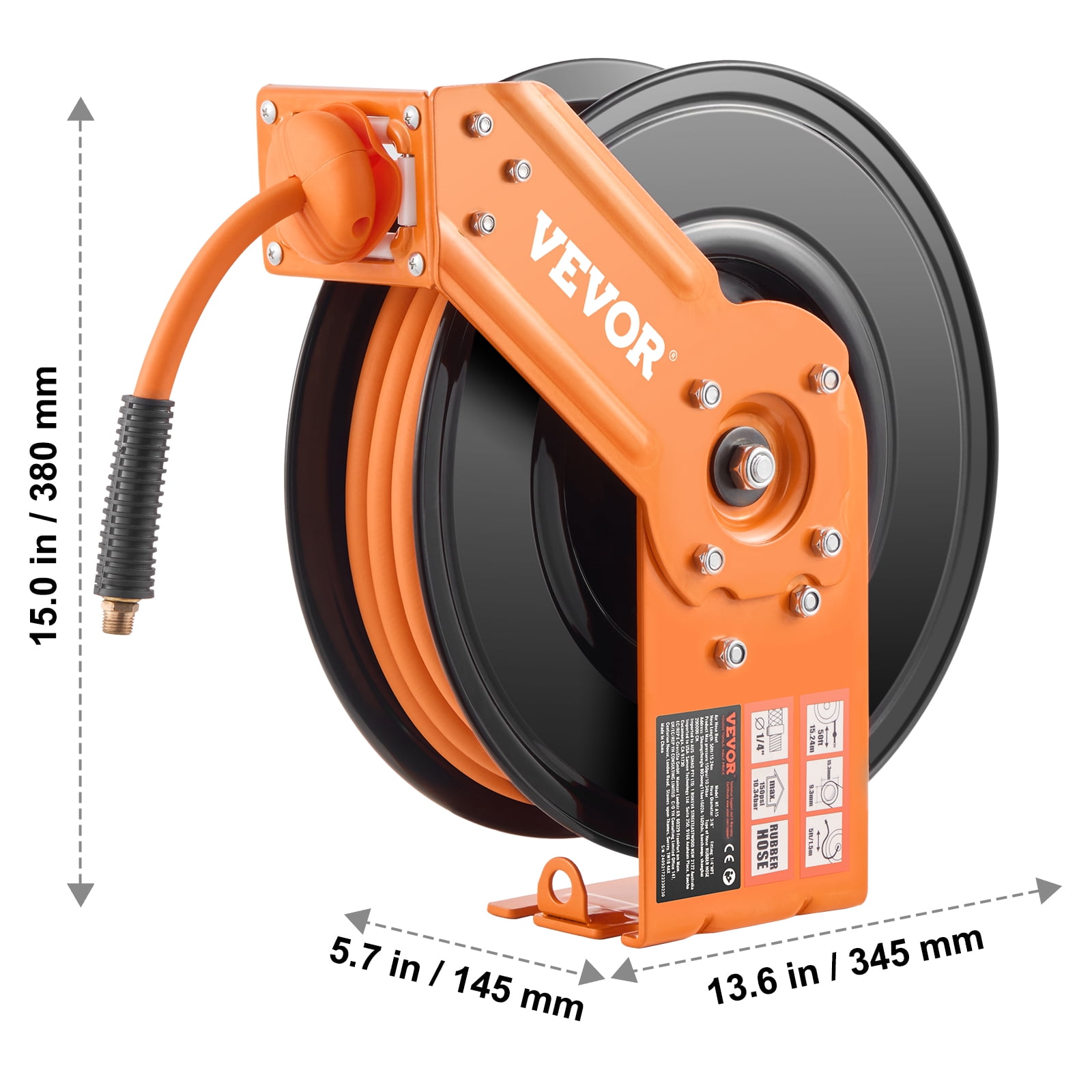 VEVOR Retractable Air Hose Reel, 3/8IN x 50FT Rubber Air Hose Max 300PSI, Air Compressor Hose Reel Auto-Rewind with 5FT Lead in, Ceiling/Wall Mount Heavy Duty Single Arm Reel & 180° Swivel Bracket