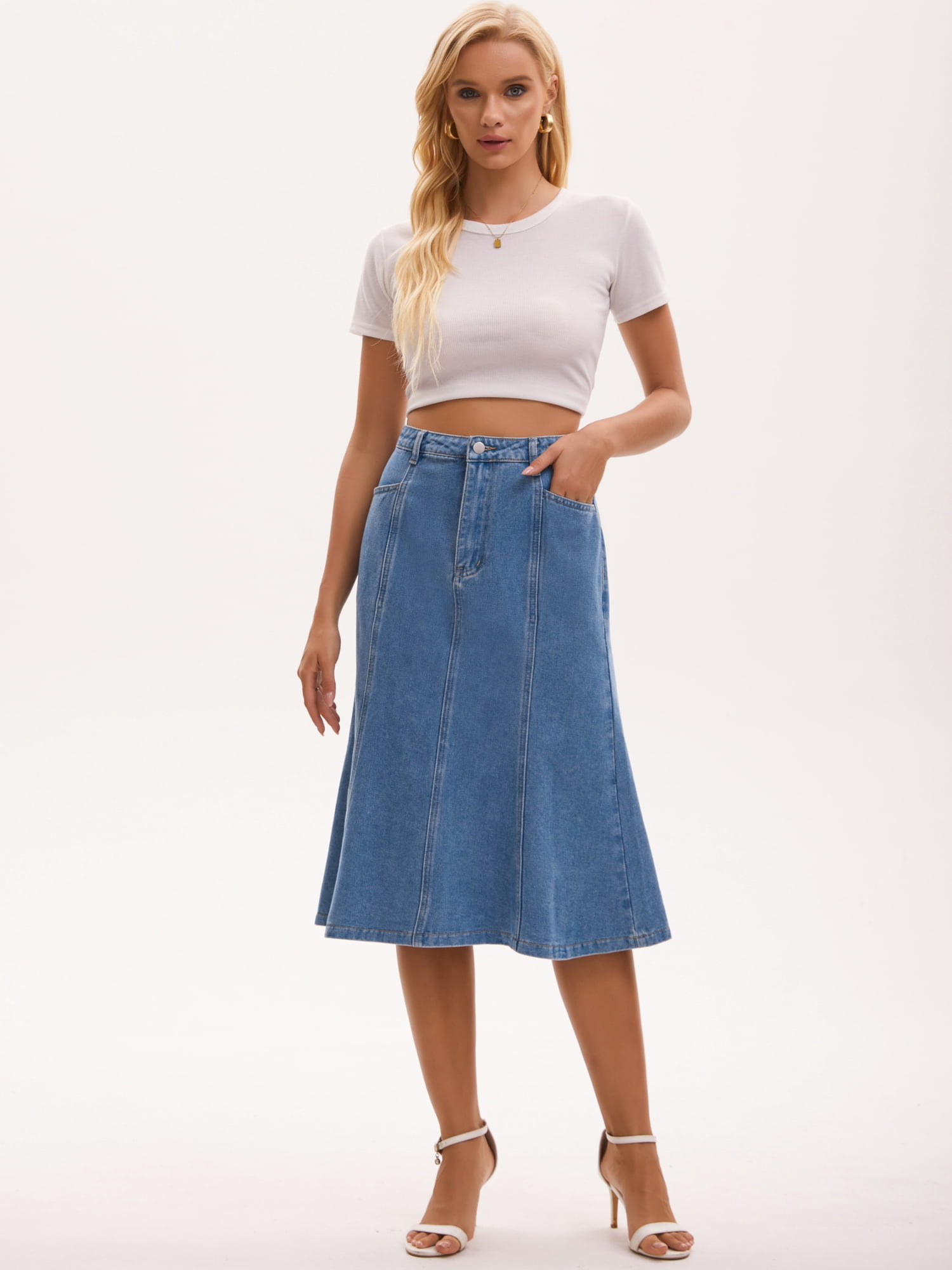 DARING DIVA Women's Denim Ruffle Below Knee Fishtail Jean Skirts Small Light Blue