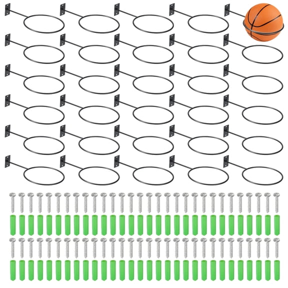 Uxcell 5 Inch Ball Holder Wall Mount, 30 Pack Ball Display Wall Storage with Screws for Basketball Football Volleyball Display Decor Storage Ring Planter, Black/Silver Tone, 5mm Thick