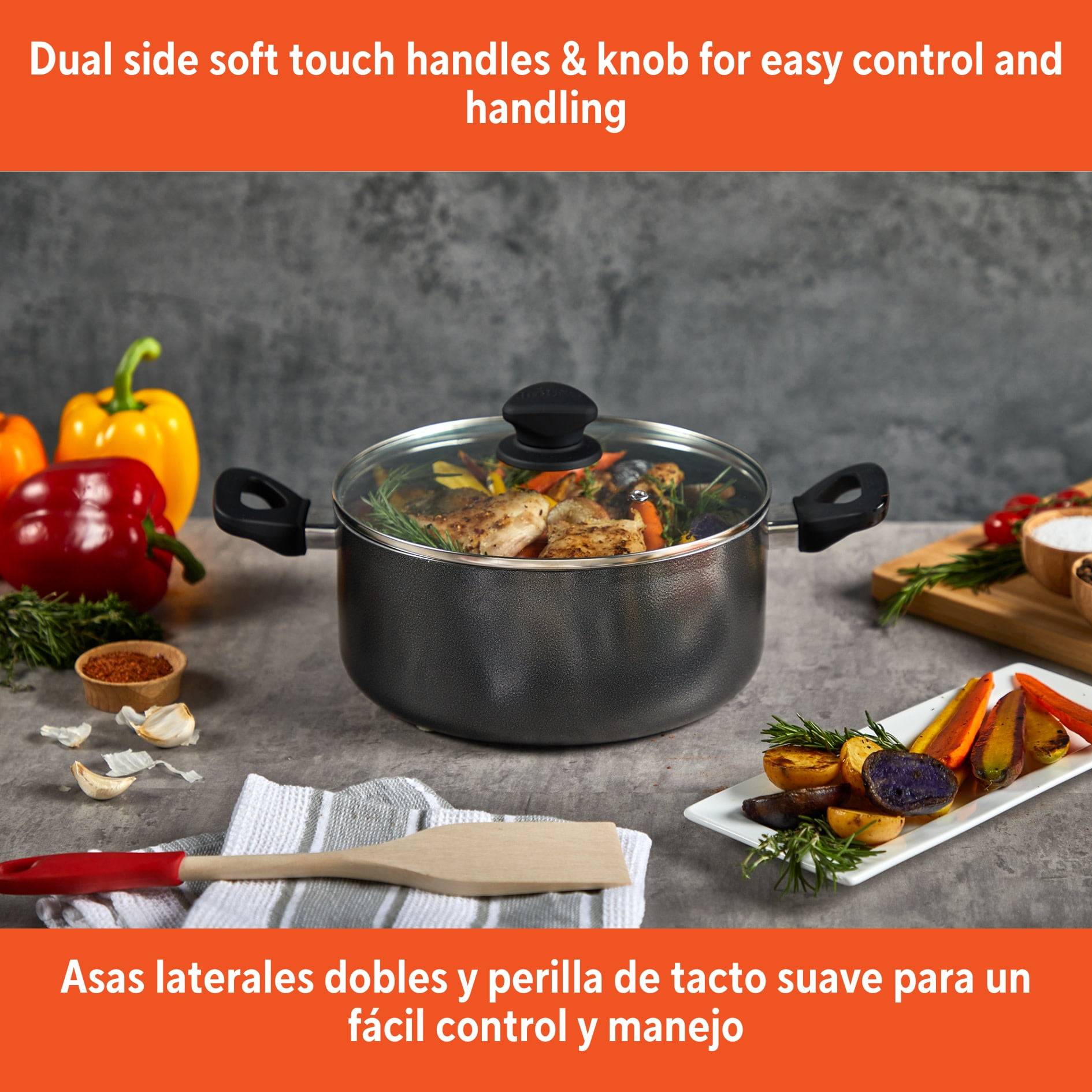IMUSA 4.8qt Charcoal Aluminum Nonstick Stock Pot with Glass Lid & Soft touch Handles, Black