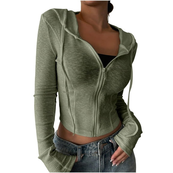 SMihono Women's Long Sleeves Y2k Hoodie Crop Zip Up Ribber Knit Jacket Tops Slim Fit Sweatshirt with Pockets Army Green XXL