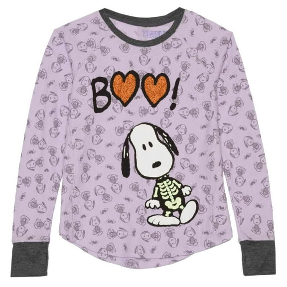 Peanuts Girls Purple Thermal Snoopy Halloween Shirt Boo Dog Skeleton Top Medium