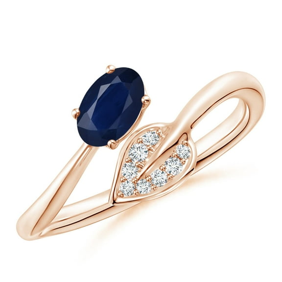 ANGARA Natural Nature Inspired Blue Sapphire Bypass Ring with Diamond Leaf in 14K Rose Gold for Women (Size-6x4mm) | September Birthstone, Anniversary, Jewelry Gift for Women | Natural Sapphire Ring