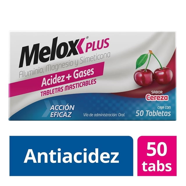 Antiácido Melox Plus acción eficaz sabor cereza 50 tabletas masticables