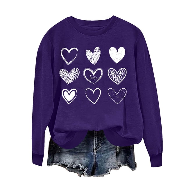 Penkiiy Chandail en Molleton Imprimé Cœur pour Femmes Manches Longues Col Rond Décontracté Ample Vintage Amour Graphique Pull Tops S Violet
