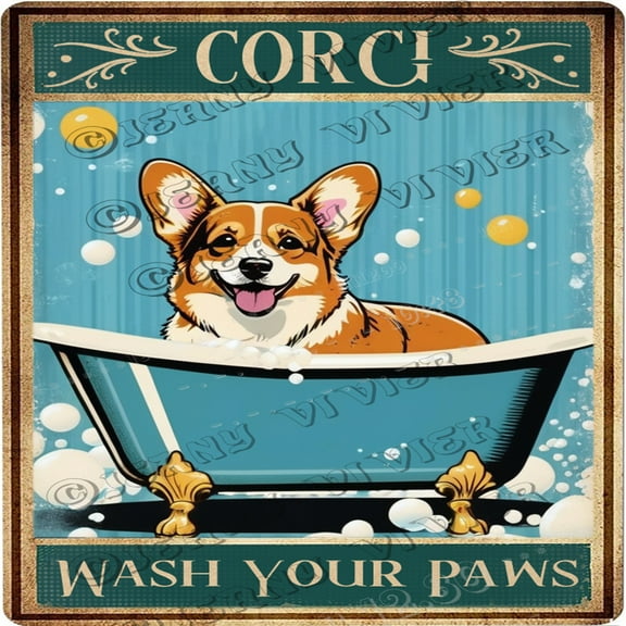 Corgi Wash Your Paws Aluminum Sign 12"x12",Square Vintage Metal Sign Dog Lovers Gifts Funny Corgi Bathroom Metal Sign Fun Wall Decor Decor Home Cafe Office Shop Bar Club