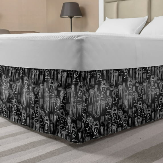 Vintage Bed Skirt, Classical Iconic Pattern of Columns and Venus de Milo, Elastic Bedskirt Dust Ruffle Wrap Around for Bedding Decor, 4 Sizes, Charcoal Grey Grey, by Ambesonne