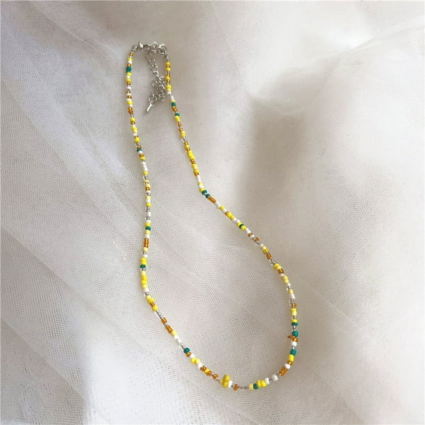Nvzi Gargantilla de cuentas de semillas de arcoíris, collar de cuentas de vidrio de colores, collar de cuentas de arroz, collar hecho a mano, gargantilla de playa, cadena de joyería, estilo M