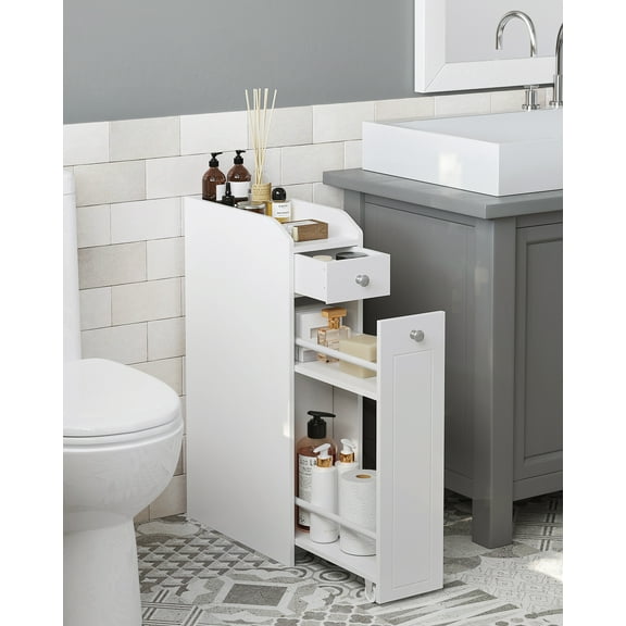 Slim Storage Cabinet with Slide-Out Drawers, 4-Tier Narrow Organizer with Toilet Paper Holder for Small Spaces, Cloud White
