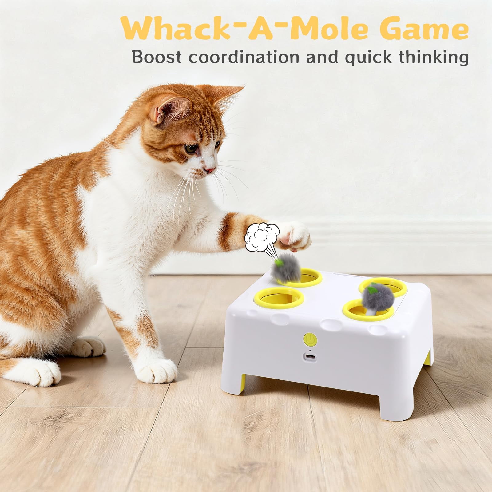 Cheese Box Interactive Cat For Indoor Cats  3-in-1 Whack A Mole 3 Modes Rechargeable Auto Toys Bored 4 Holes Kitten 4 Accessories (white)