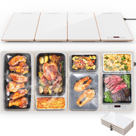 VASG 4-in-1 Electric Warming Tray, Expandable Buffet Food Warmer, 10 Temp Levels, 6H Timer, 33"×15" Glass Top, for Parties & Catering